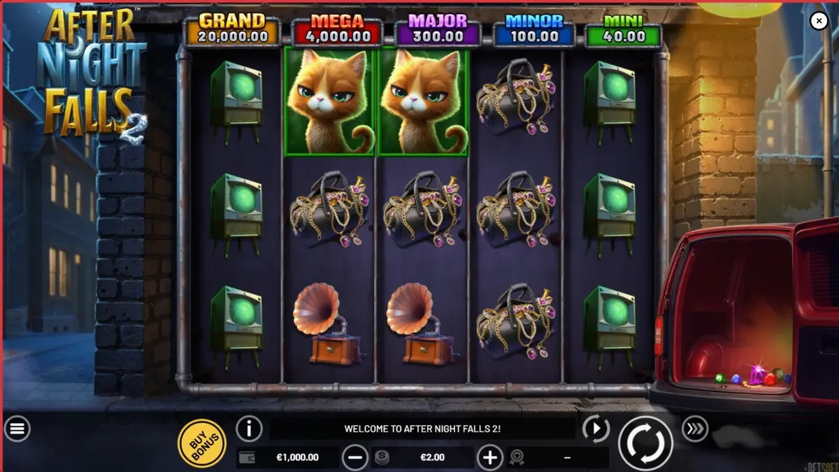 After Night Falls 2 slot machine interface featuring noir detective theme