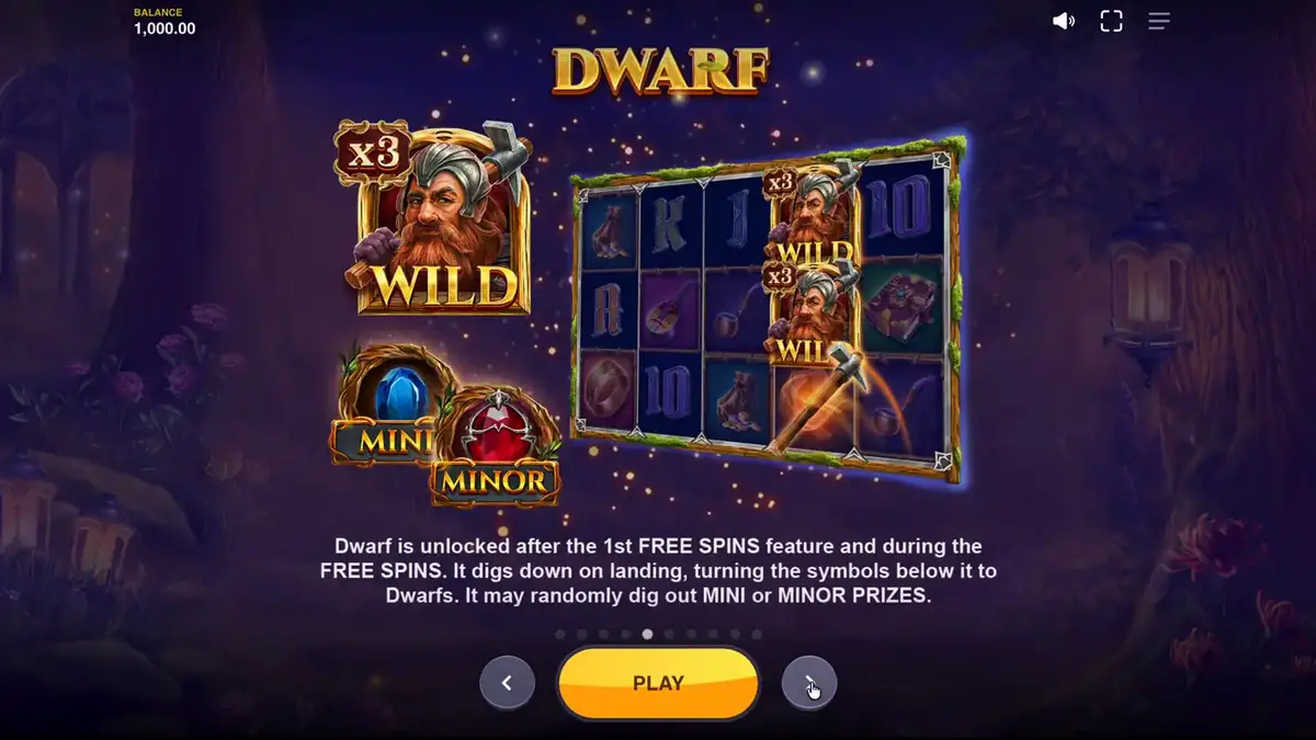 Pemandangan hutan mistis dalam slot Land of Riches dengan karakter fantasi